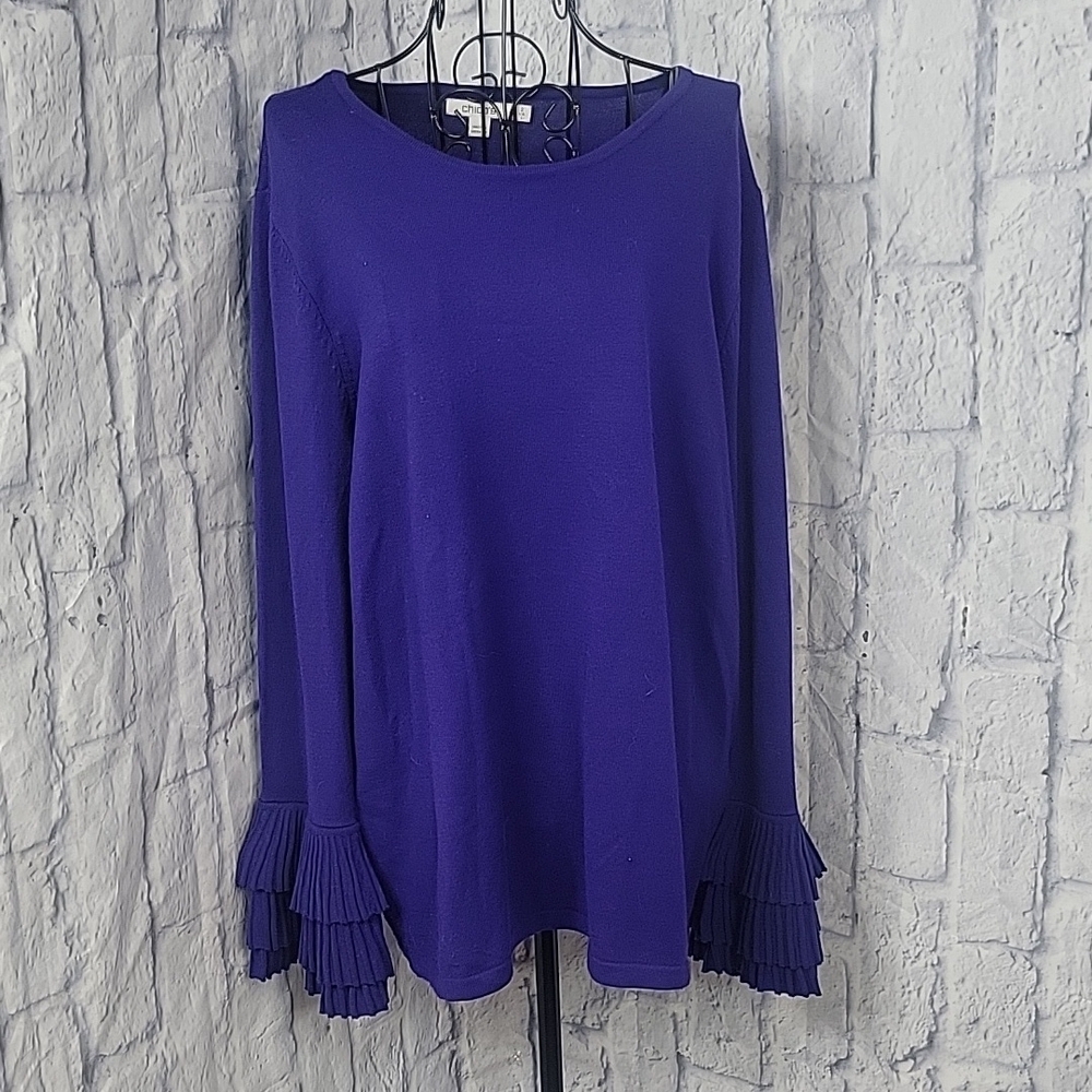 ×CHICO'S Ruffled Cuffs Periwinkle Women's Pullover‎ Sweater Large